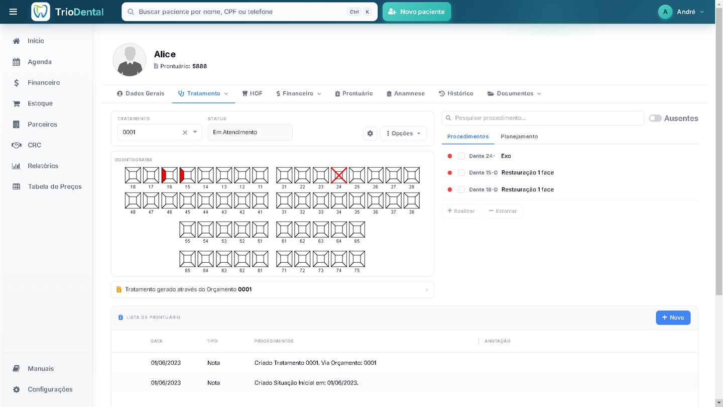 Controle de tratamentos com odontograma e lista de procedimentos no TrioDental