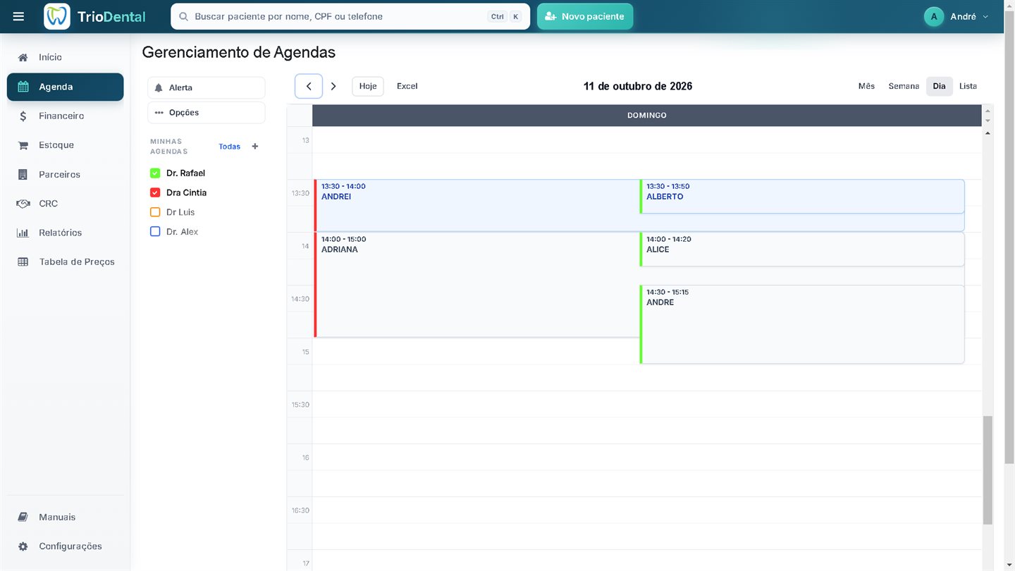 Agenda do dia no TrioDental com os agendamentos por profissional